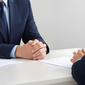 Deux personnes en entretien d’embauche, assises face à face à une table, sans que leurs visages ne soient visibles.